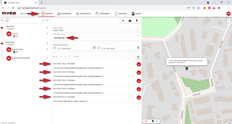 Alerts are visible also on the TramigoCloud report view